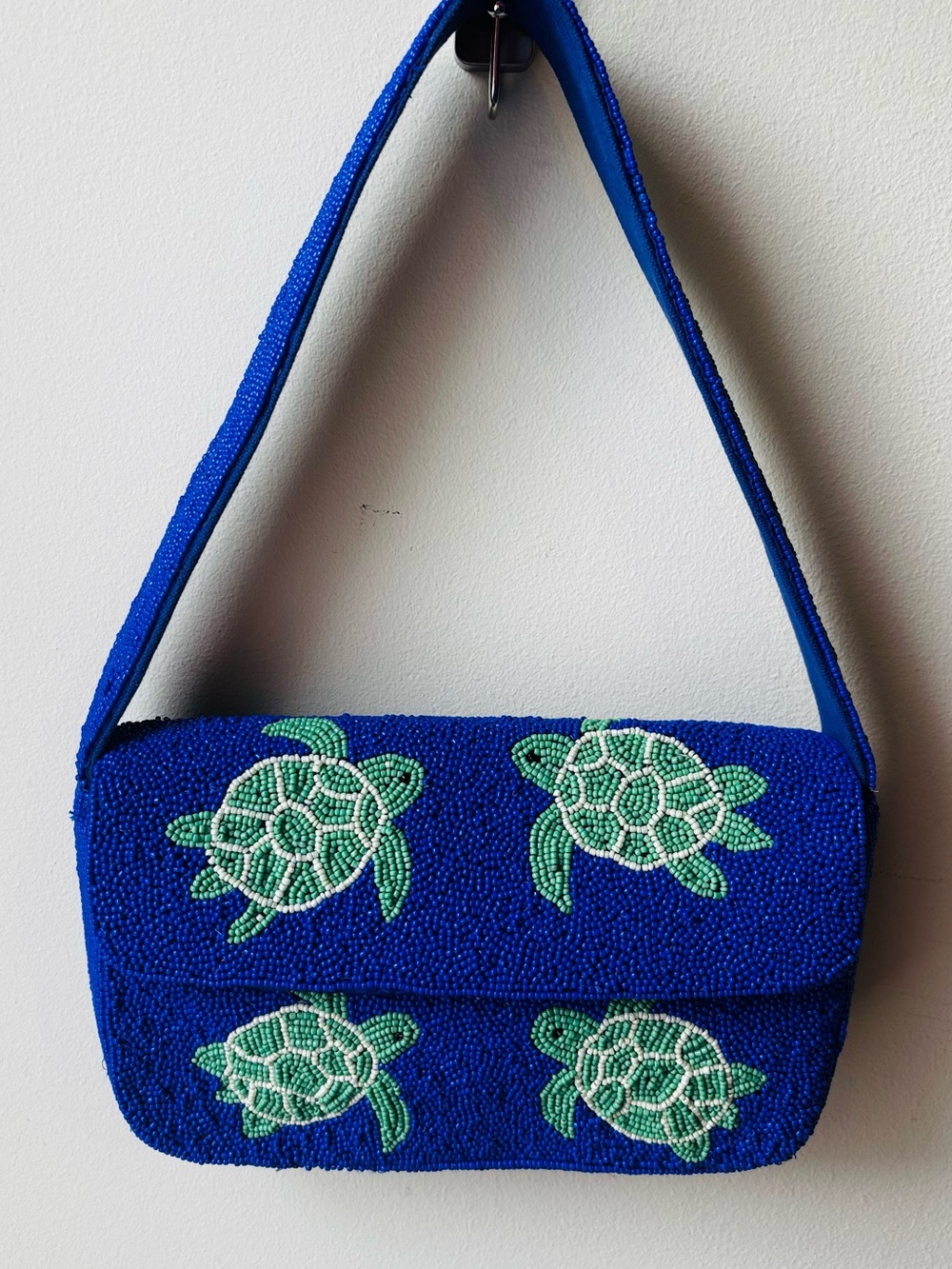 Hand-Beaded Royal Blue Shoulder Bag with Green Turtle Motifs